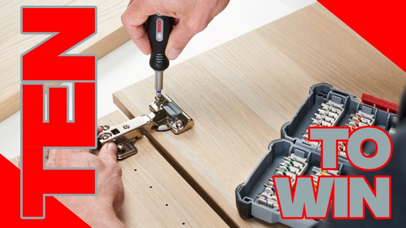 Hand screwing cabinets together with a Bosch screwdriver and set of bits. A graphic says "Ten to win"