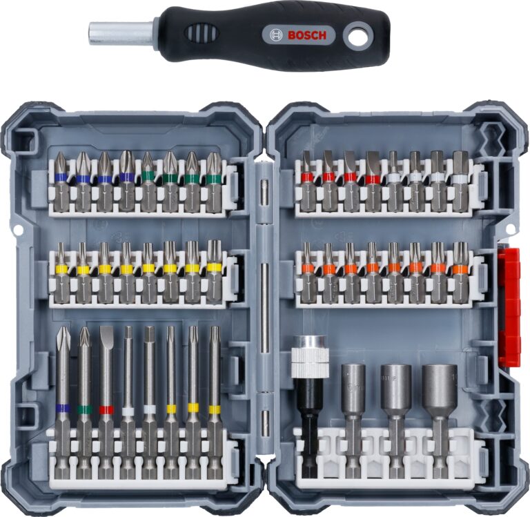 Opened tool case filled with screwdriver bits and a Bosch handle