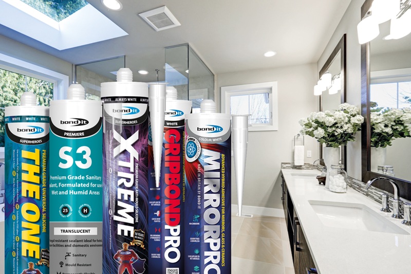 A line up graphic of Bond It's sealants and adhesives
