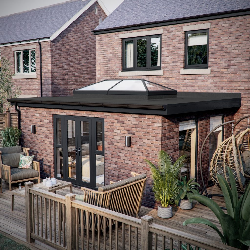 Back view of a house with a Eurocell Iconiq roof lantern installed