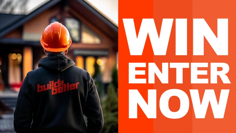 Builder wearing a Catnic branded hoodie with a graphic next to it saying "Win enter now"