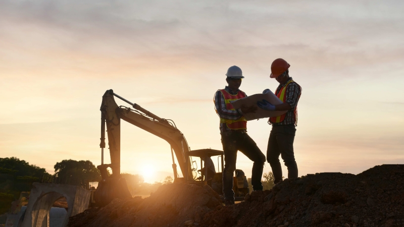 Two workers look at plans with excavator and sun behind them