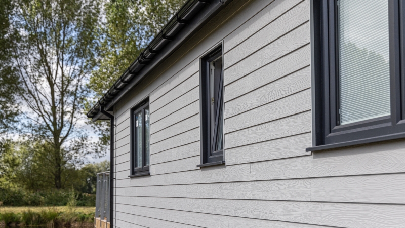 Domestic building clad in Marley's white fibre cement cladding with tree background