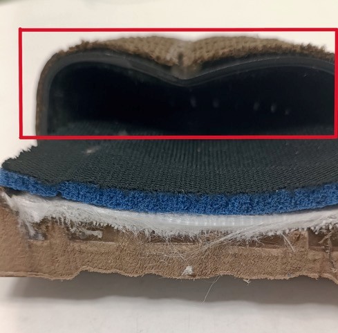 Cross section of sub-standard safety shoes showing improper protection