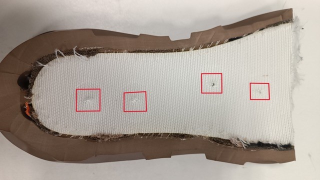 Sole of sub-standard safety shoe showing improper protection