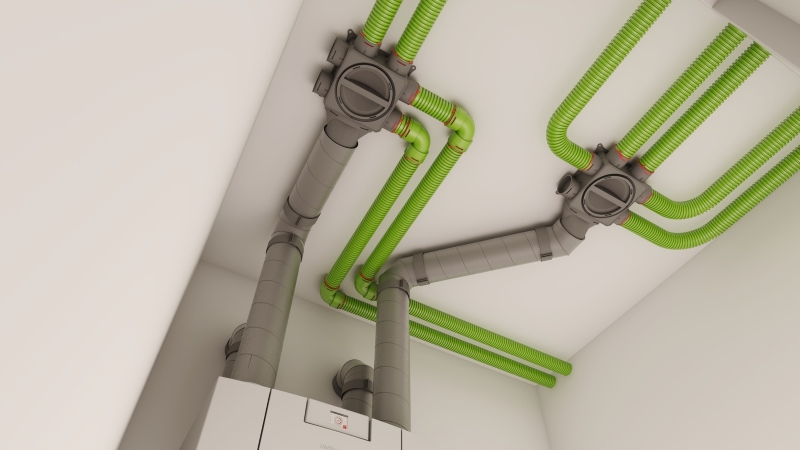 Image shows MVHR ducting in a ceiling SPACE