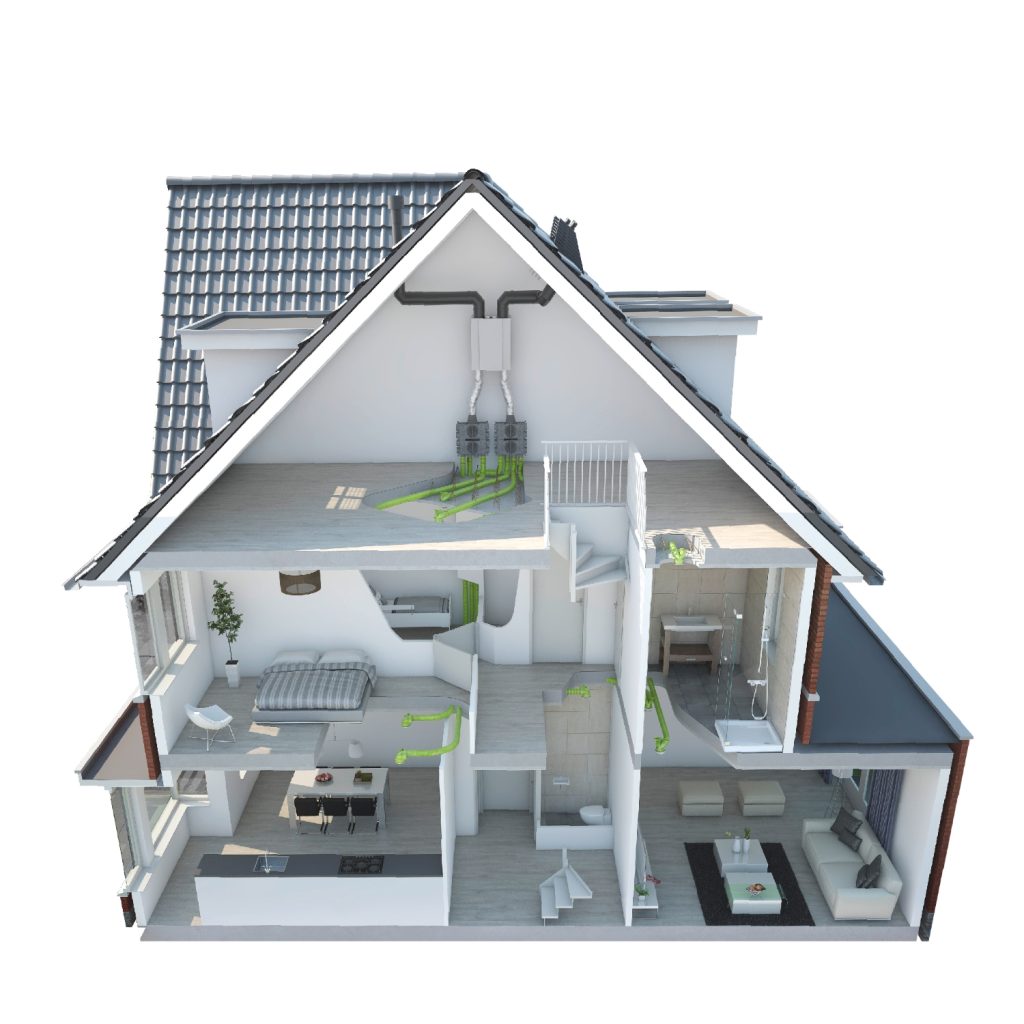 Cutaway house graphic showing a MVHR system