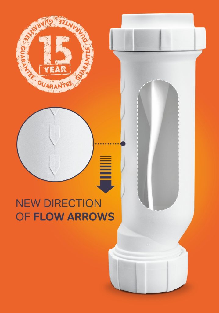 Wavin waterless trap with flow direction shown