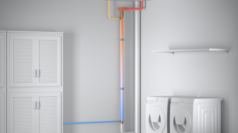 Image depicts the waste water heat recover process with a diagram of blue and red pipes